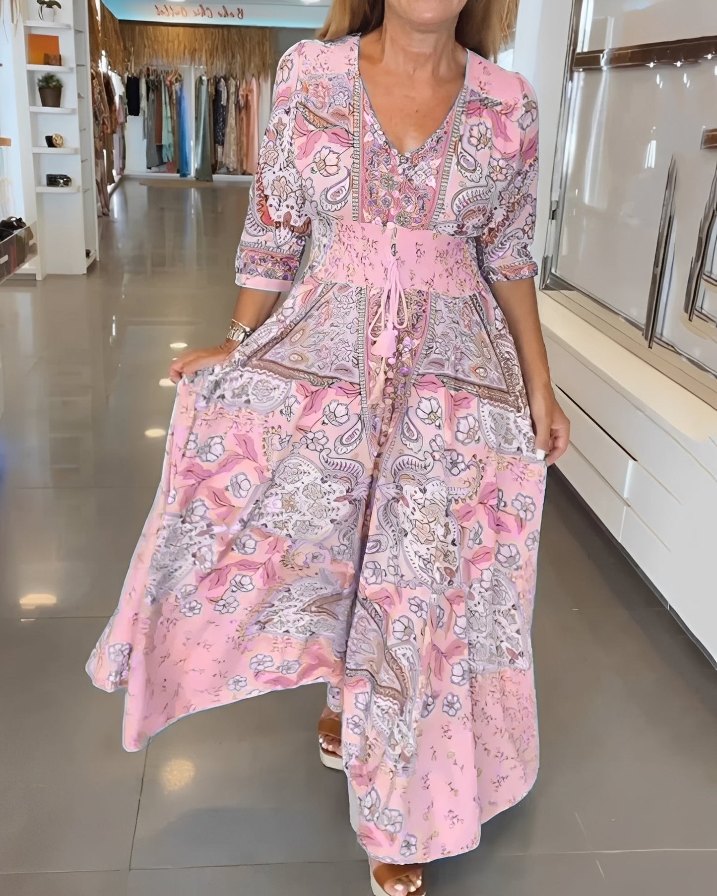 Damenkleid V-Ausschnitt Jasmin-Print Elegantes