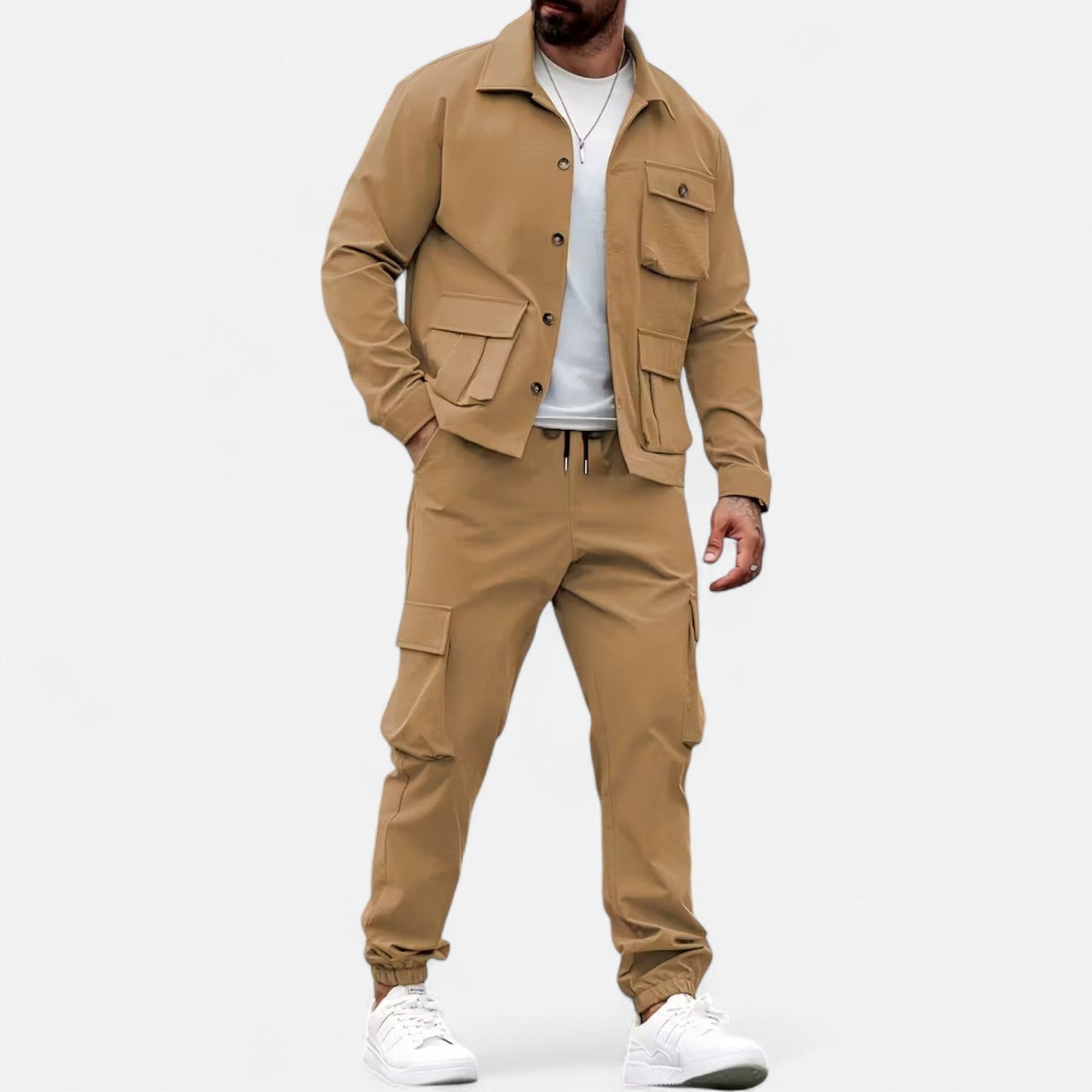 Herren Arbeitshemd & Jogger Set mit Kordelzug und Multi-Taschen