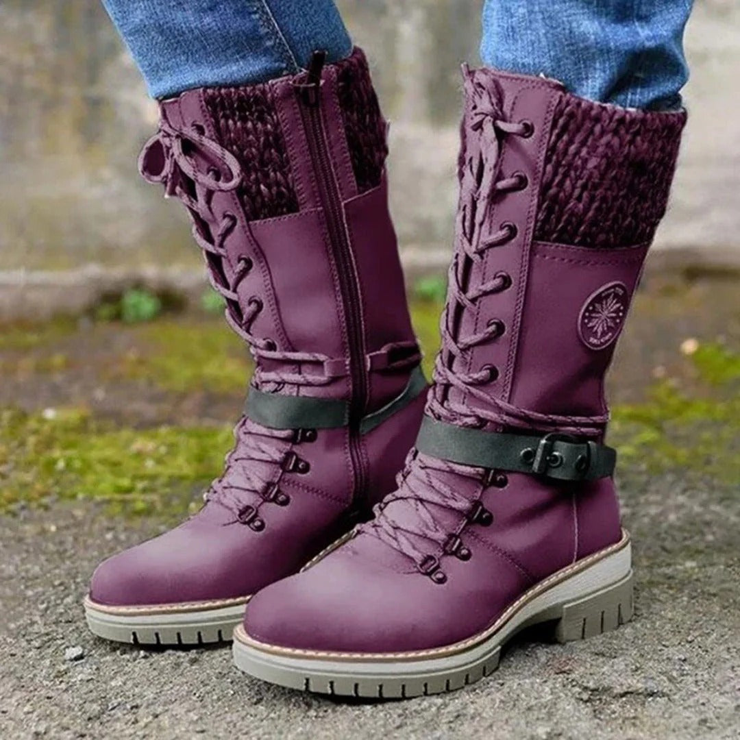 Damen Kniehohe Stiefel Wollbund Schnürfront