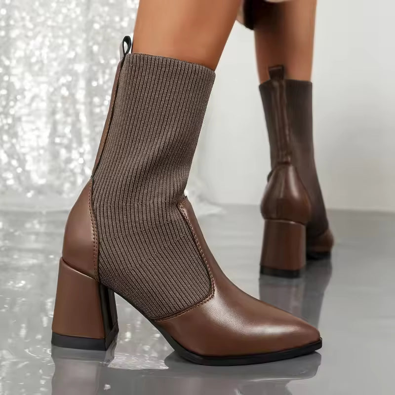 Damen Stiefeletten Spitzenzehen Gestrickt Blockabsatz