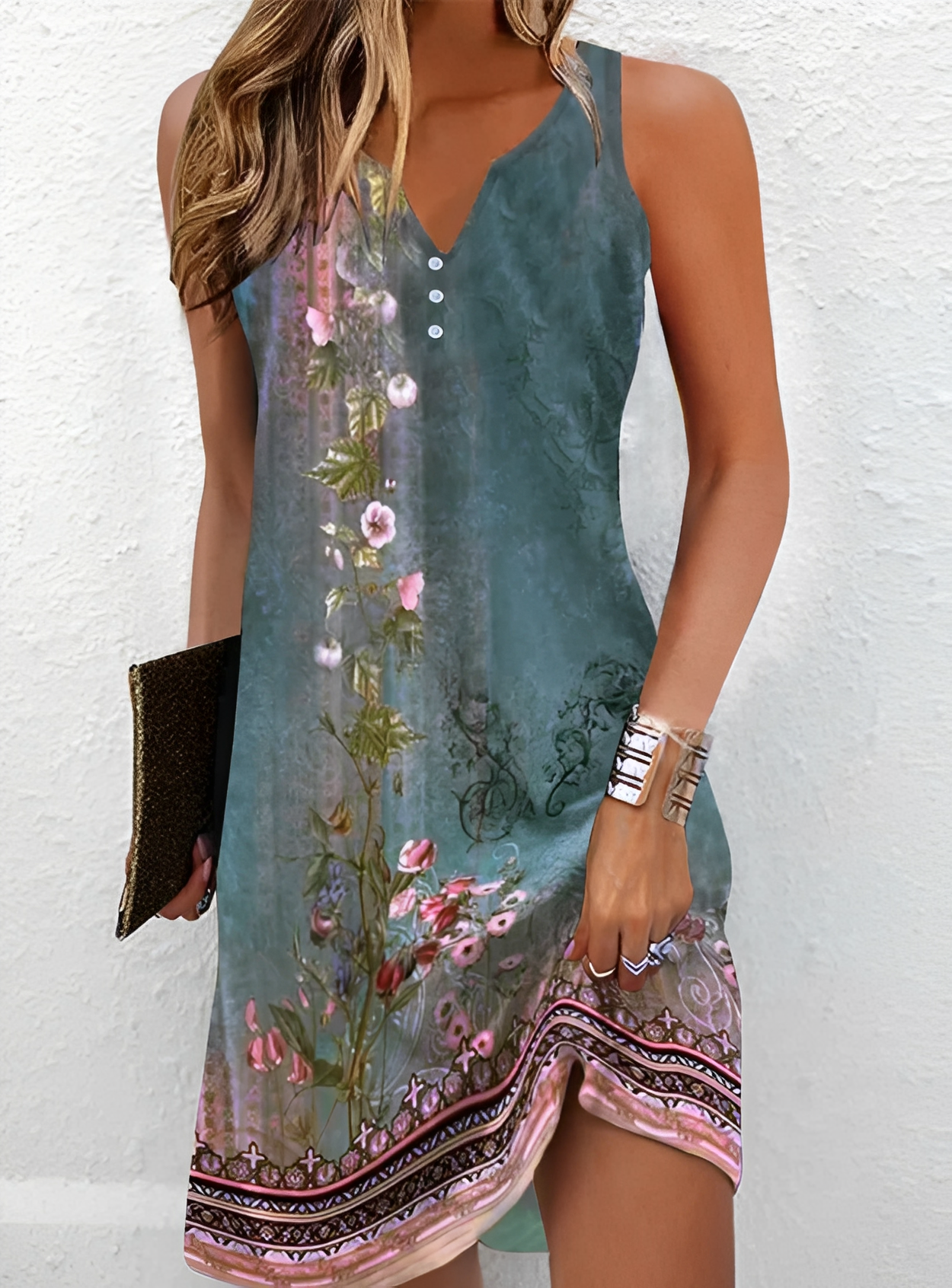 Damen Minikleid Ärmellos Blumenmuster