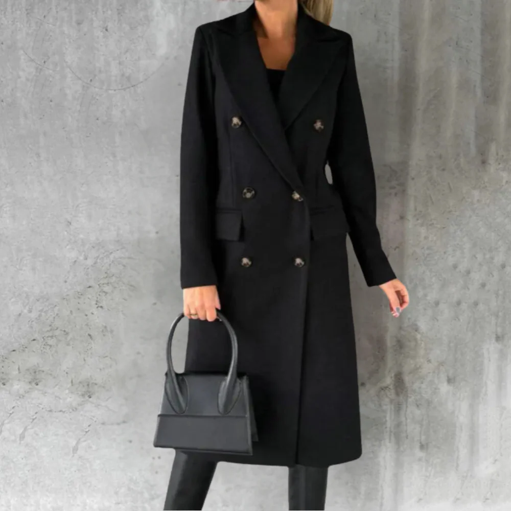 Damen Trenchcoat Wollmischung Taillierte Passform Doppelreihig Knie