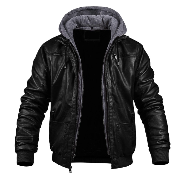 Herren Lederjacke Slim Fit Schwarz Mit Kapuze Reißverschluss - Norvielle