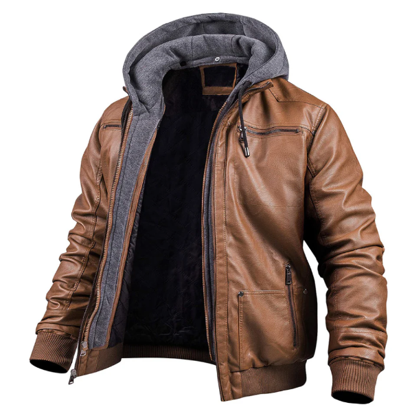 Herren Lederjacke Slim Fit Mit Kapuze Reißverschluss