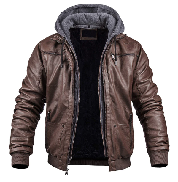 Herren Lederjacke Slim Fit Mit Kapuze Reißverschluss