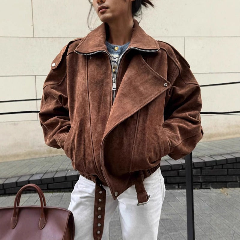 Damen Bomberjacke Oversized Wildleder-Look Asymmetrischer - Norvielle