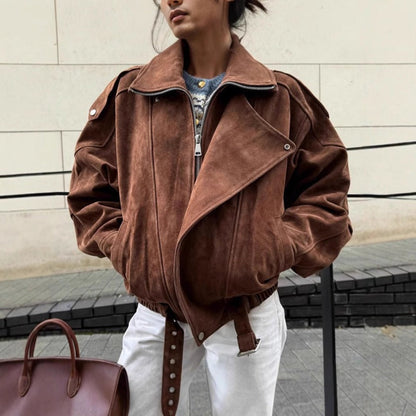 Damen Bomberjacke Oversized Wildleder-Look Asymmetrischer - Norvielle