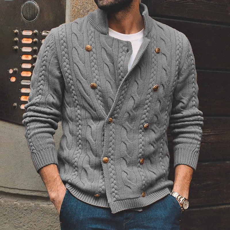 Herren Strickcardigan Zopfmuster Doppelreihe Knöpfe Beige