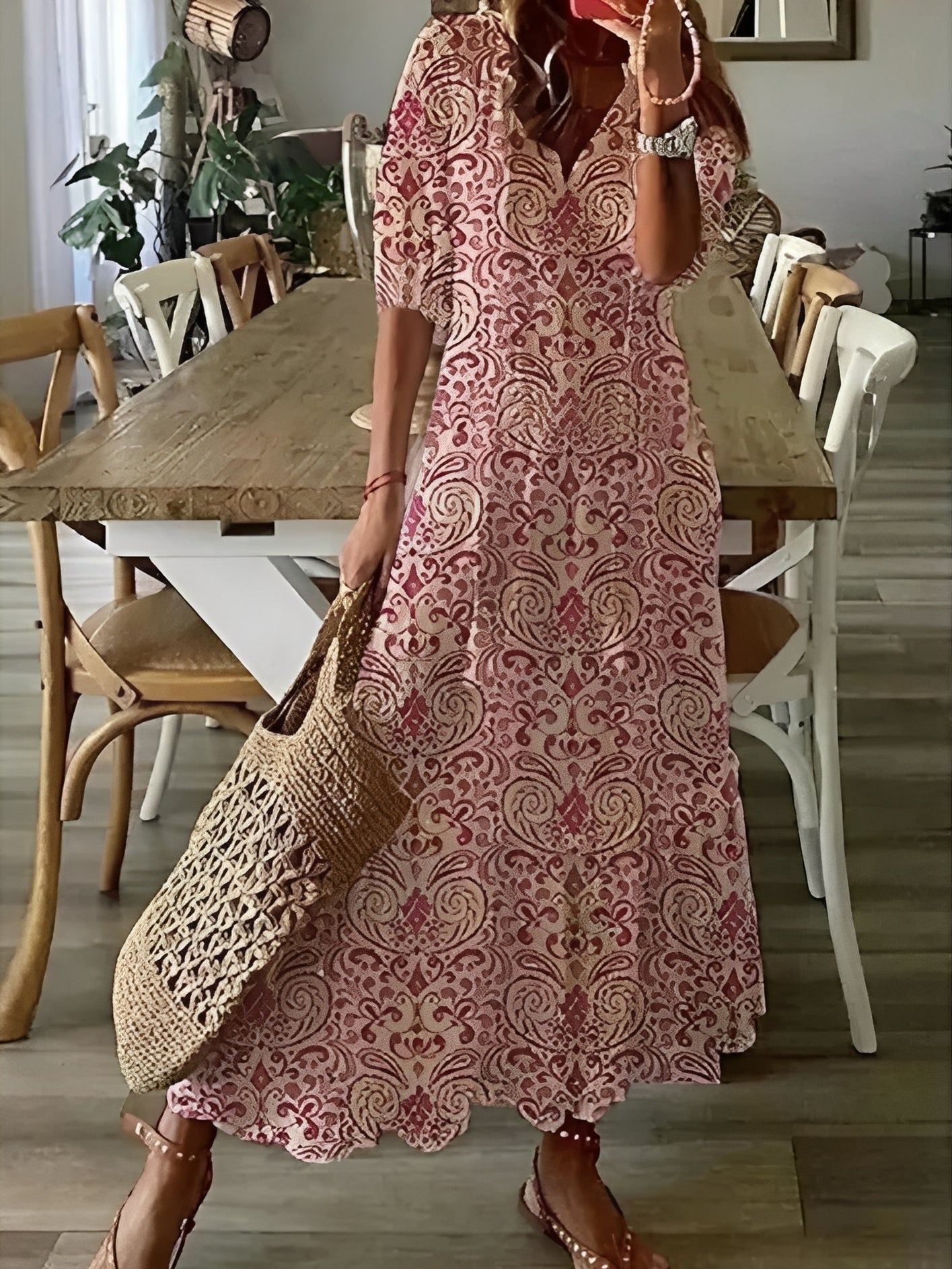 Damen Maxikleid Halblange Ärmel Boho Stil