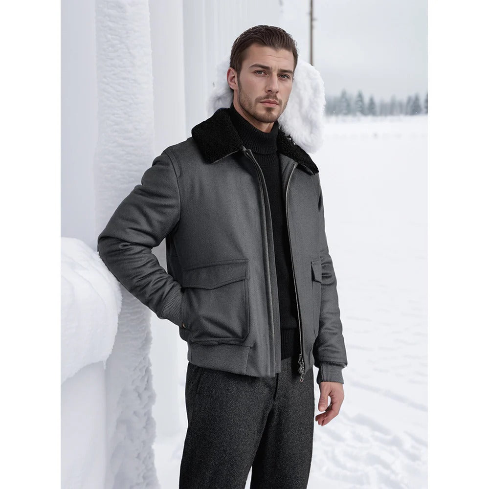 Herren Bomberjacke Shearling-Kragen Zwei-Wege-Reißverschluss