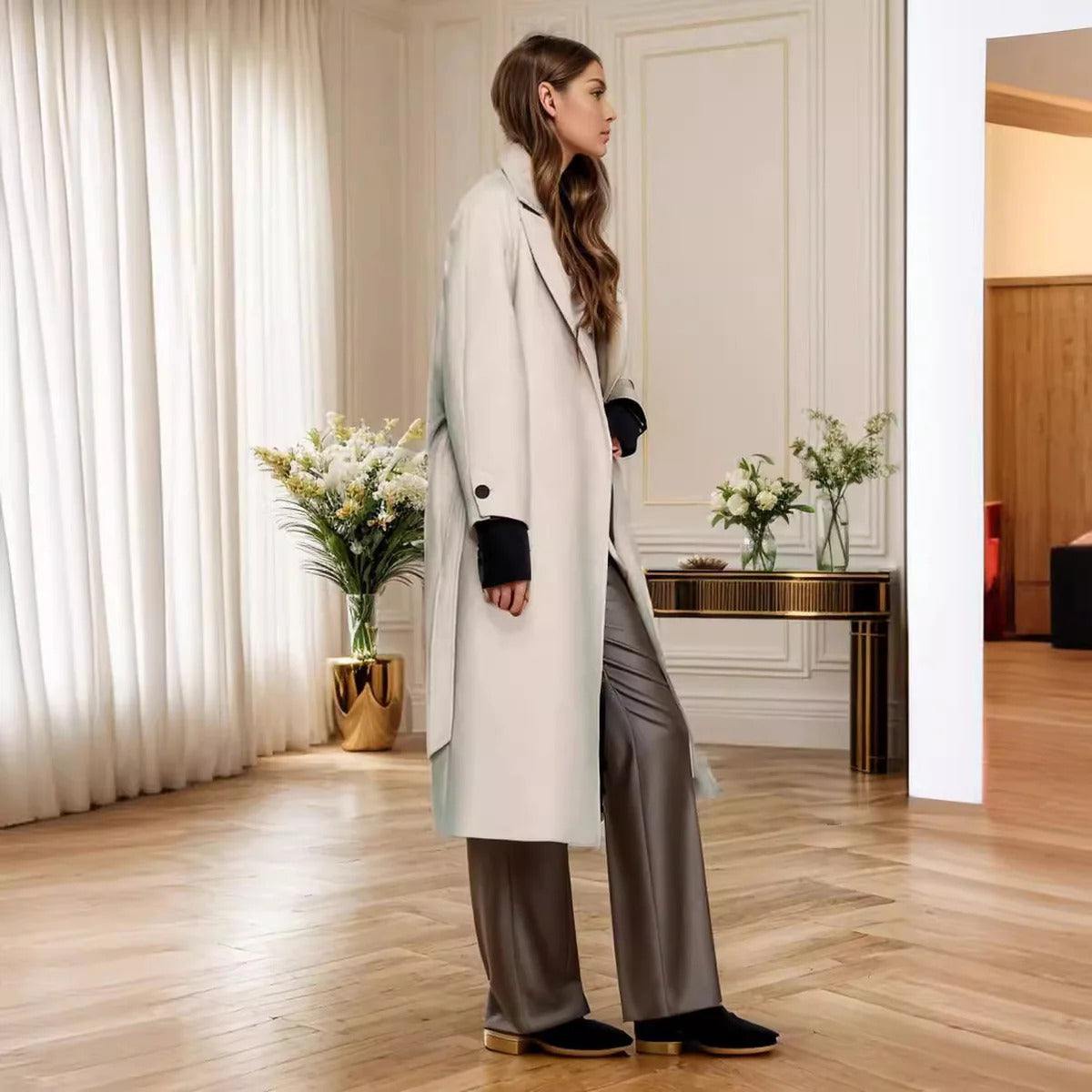 Damen Trenchcoat Midi-Länge mit Gürtel und Reverskragen