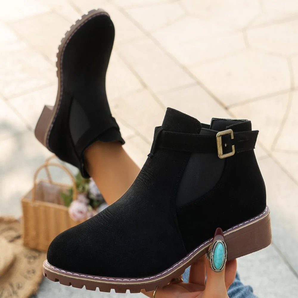 Damen Stiefeletten Wildleder Schnallenriemen Elastisch