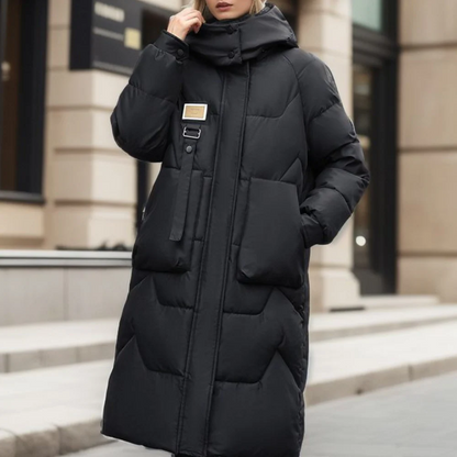 Damen Winter Trenchcoat Lang Gepolstert mit Kapuze Schwarz - Norvielle