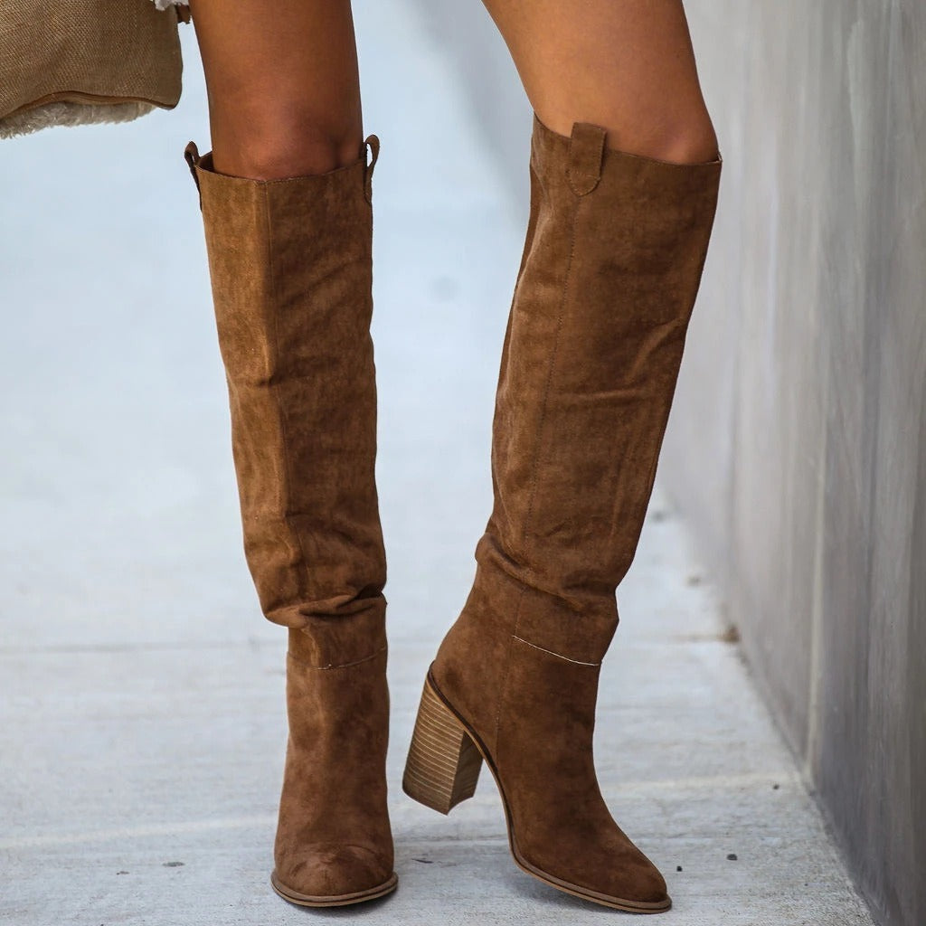 Damen Über-Knie-Stiefel Wildleder-Optik Blockabsatz