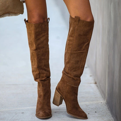 Damen Über-Knie-Stiefel Wildleder-Optik Blockabsatz