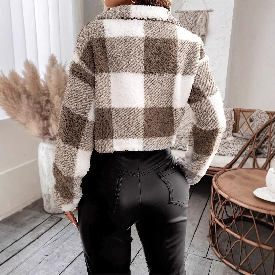 Damen Cropped Jacke Karomuster Boxy Fit Teddyfleece