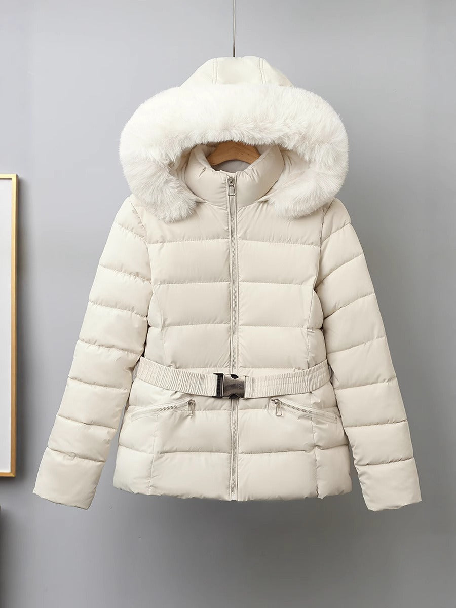 Damen Pufferjacke Gürtel Abnehmbare Fellkapuze Gesteppt