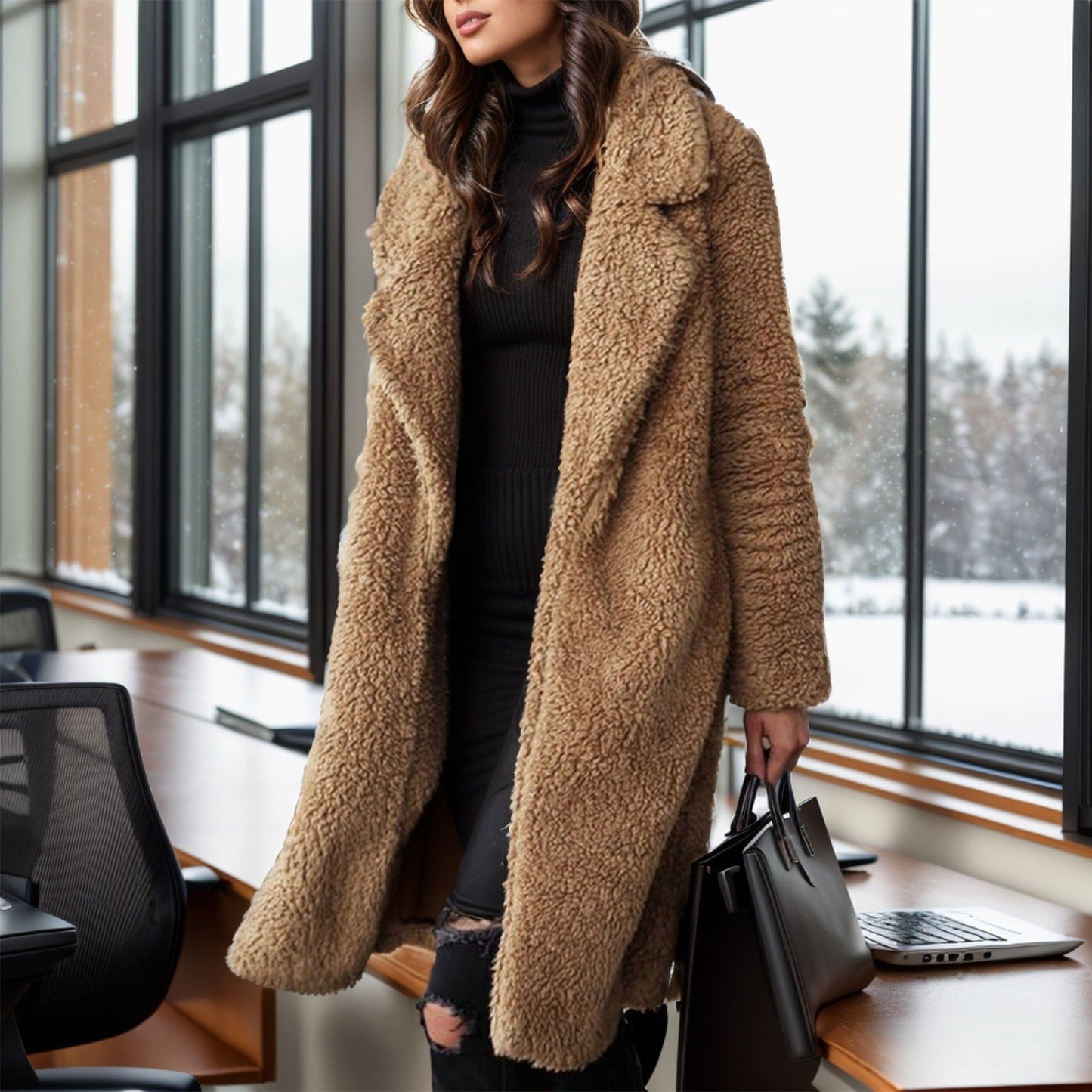 Damen Trenchcoat Relaxed Fit Teddy-Textur Beige