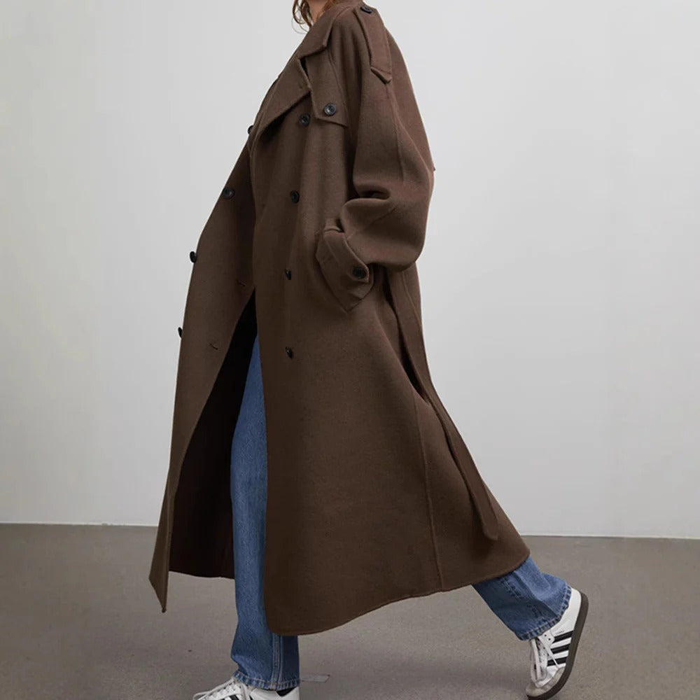 Damen Trenchcoat Lang Oversized Doppelreihner mit Gürtel