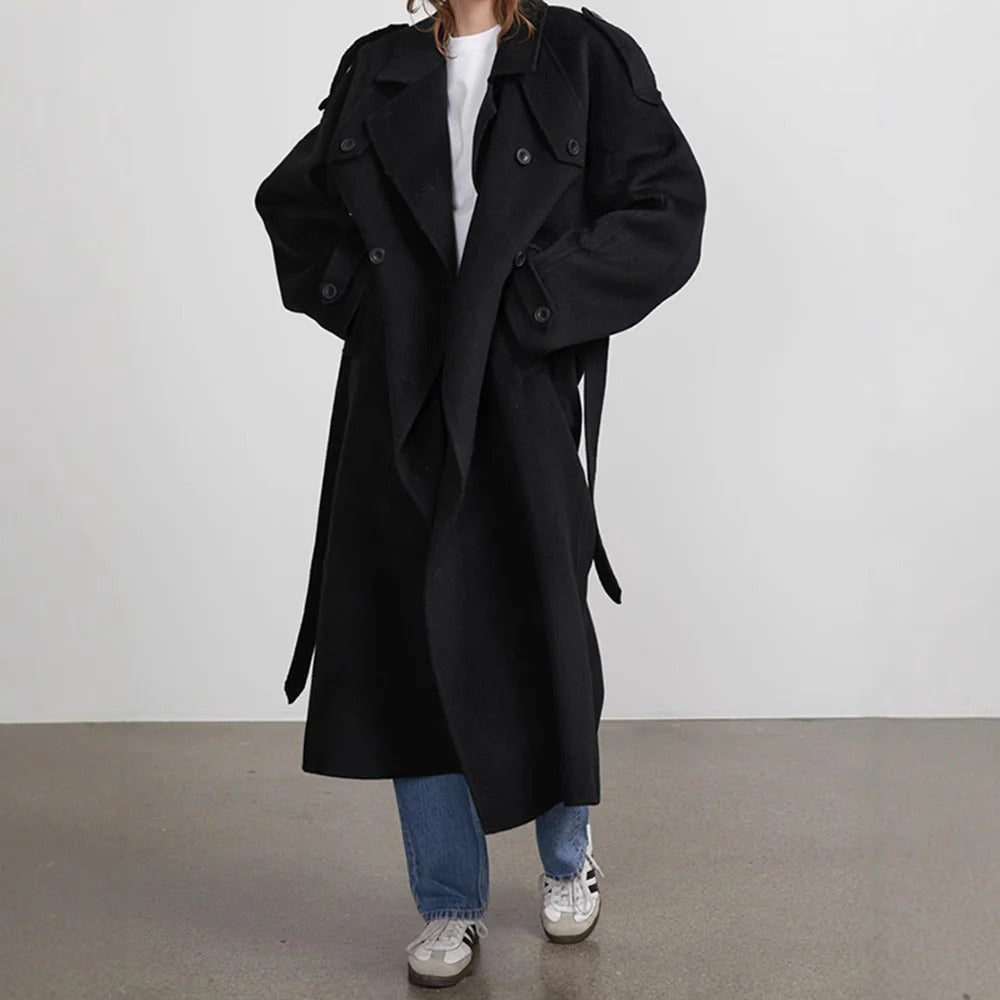 Damen Trenchcoat Lang Oversized Doppelreihner mit Gürtel