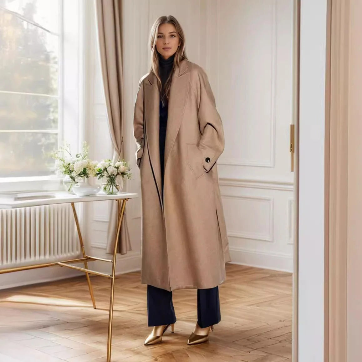 Damen Trenchcoat Midi-Länge mit Gürtel und Reverskragen