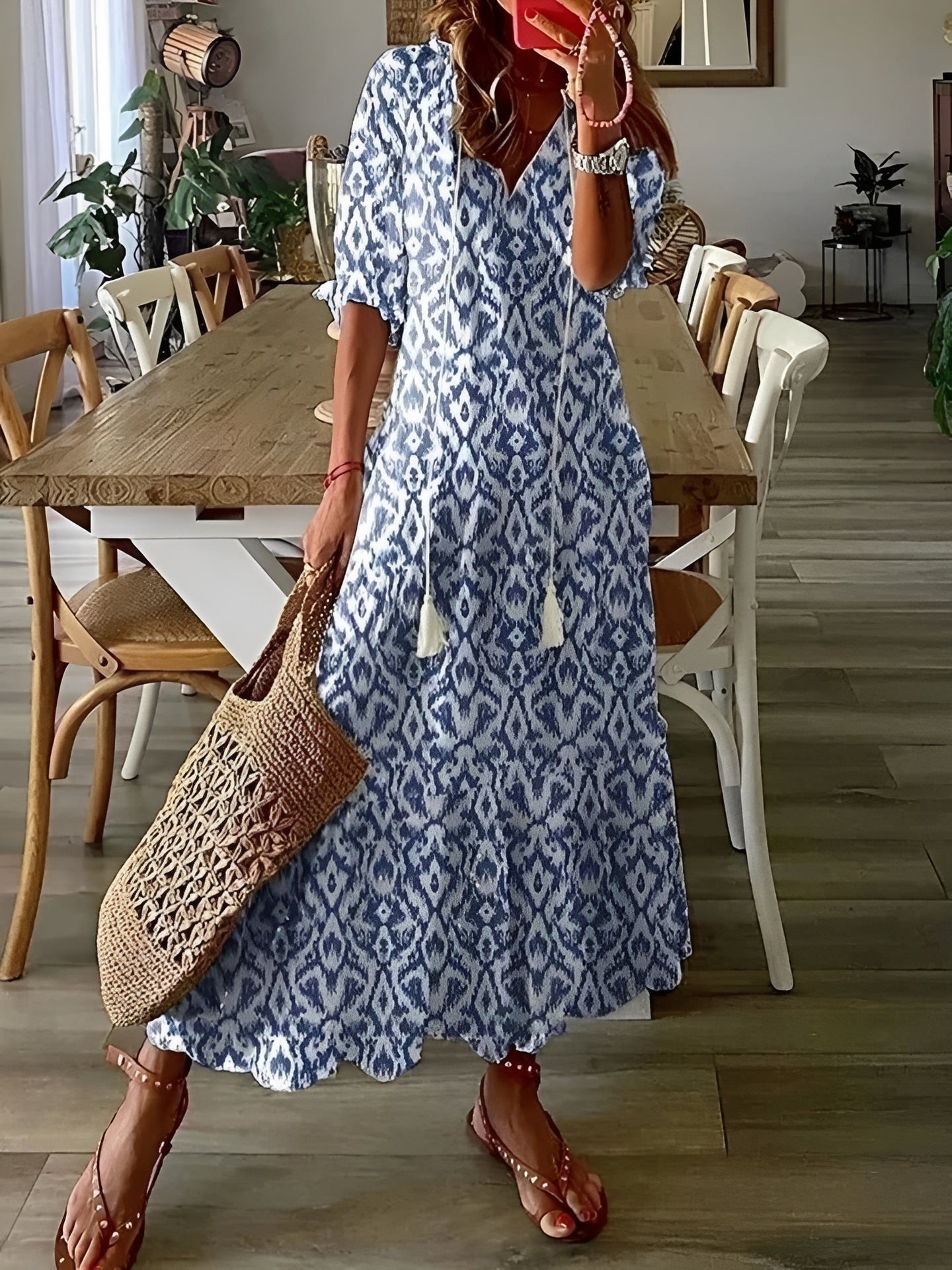 Damen Maxikleid Halblange Ärmel Boho Stil