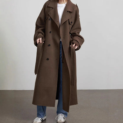 Damen Trenchcoat Lang Oversized Doppelreihner mit Gürtel Schwarz - Norvielle