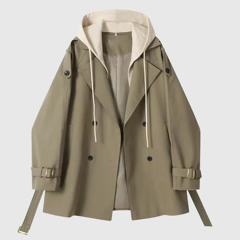 Damen Trenchcoat Oversized Baumwolle Mit Kapuze Schwarz - Norvielle