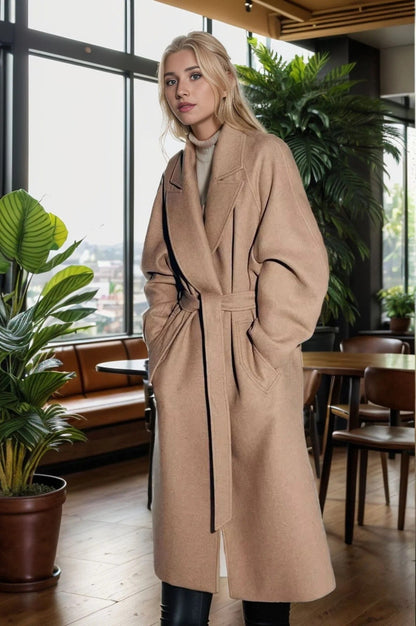 Damen Trenchcoat Midi-Länge mit Gürtel und Reverskragen - Norvielle