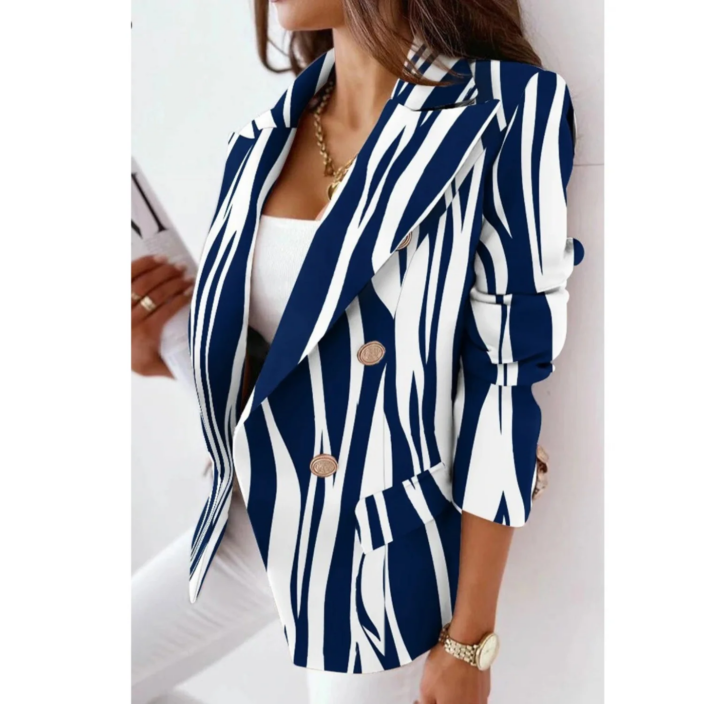 Damen Blazer Tailored Fit Reverskragen Doppelreiher Elegant Musterung - Norvielle