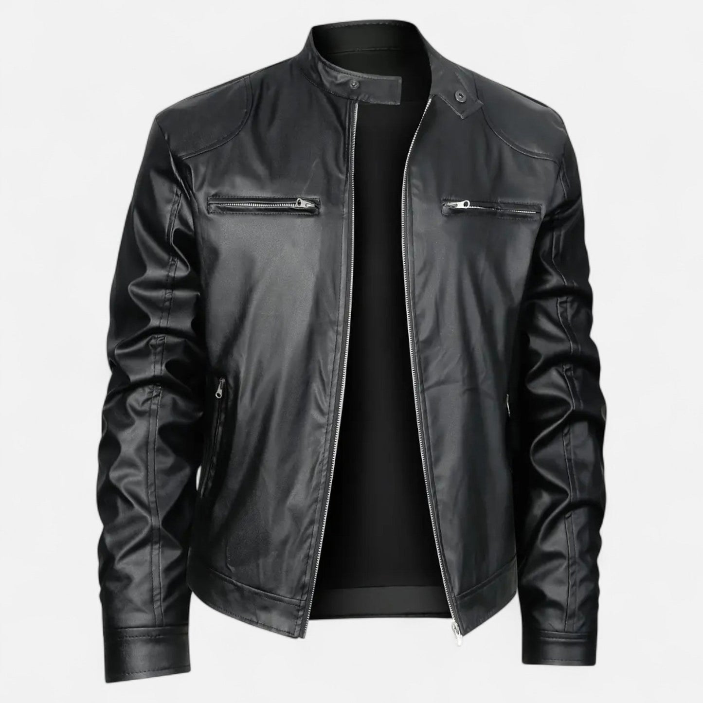 Herren Lederjacke Biker Style Reißverschluss Schwarz - Norvielle