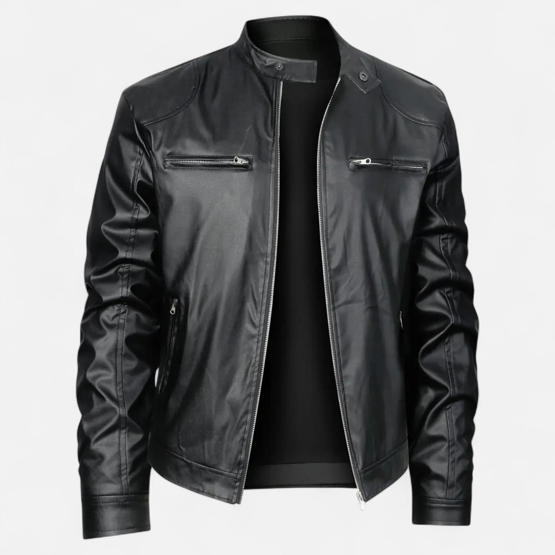 Herren Lederjacke Biker Style Reißverschluss Schwarz - Norvielle
