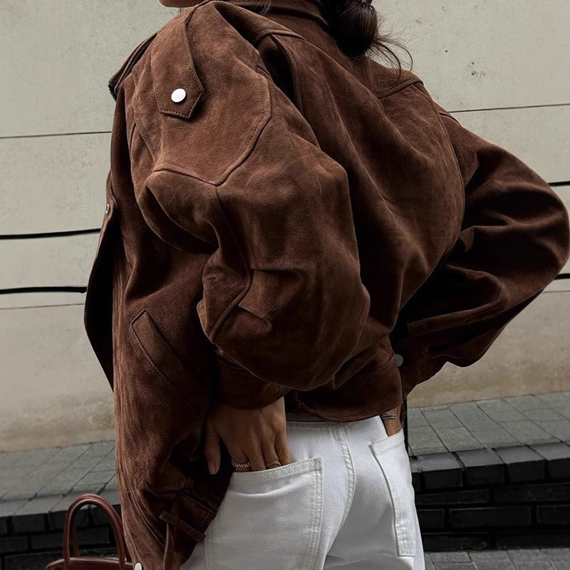 Damen Bomberjacke Oversized Wildleder-Look Asymmetrischer