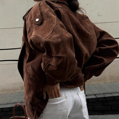 Damen Bomberjacke Oversized Wildleder-Look Asymmetrischer