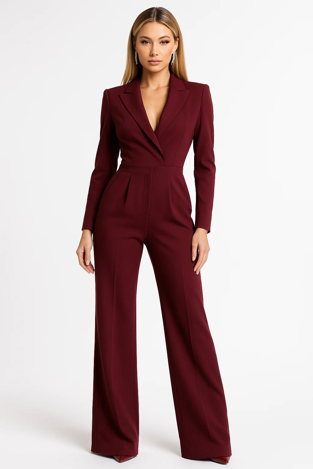 Damen Jumpsuit Elegant V-Ausschnitt Weite Beine Taillierte Passform - Norvielle