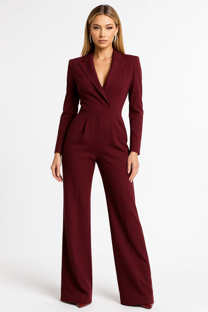 Damen Jumpsuit Elegant V-Ausschnitt Weite Beine Taillierte Passform - Norvielle
