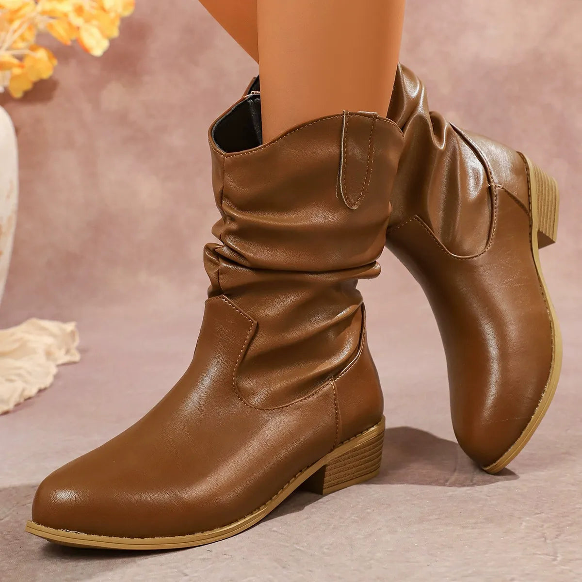 Damen Mid-Calf-Stiefel Schlaffschaft Abgerundete Zehe Gestapelter - Norvielle