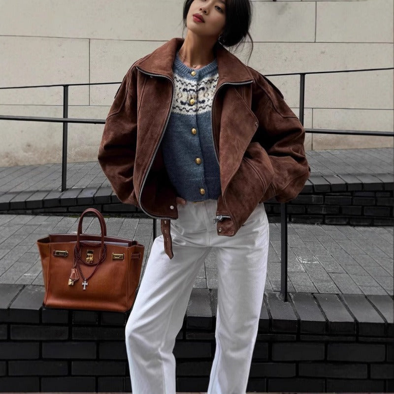 Damen Bomberjacke Oversized Wildleder-Look Asymmetrischer