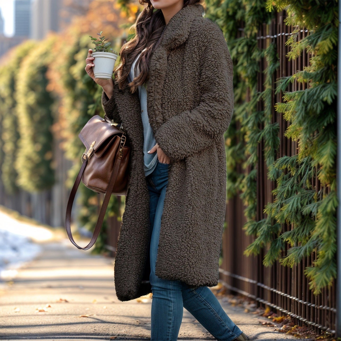 Damen Trenchcoat Relaxed Fit Teddy-Textur Beige