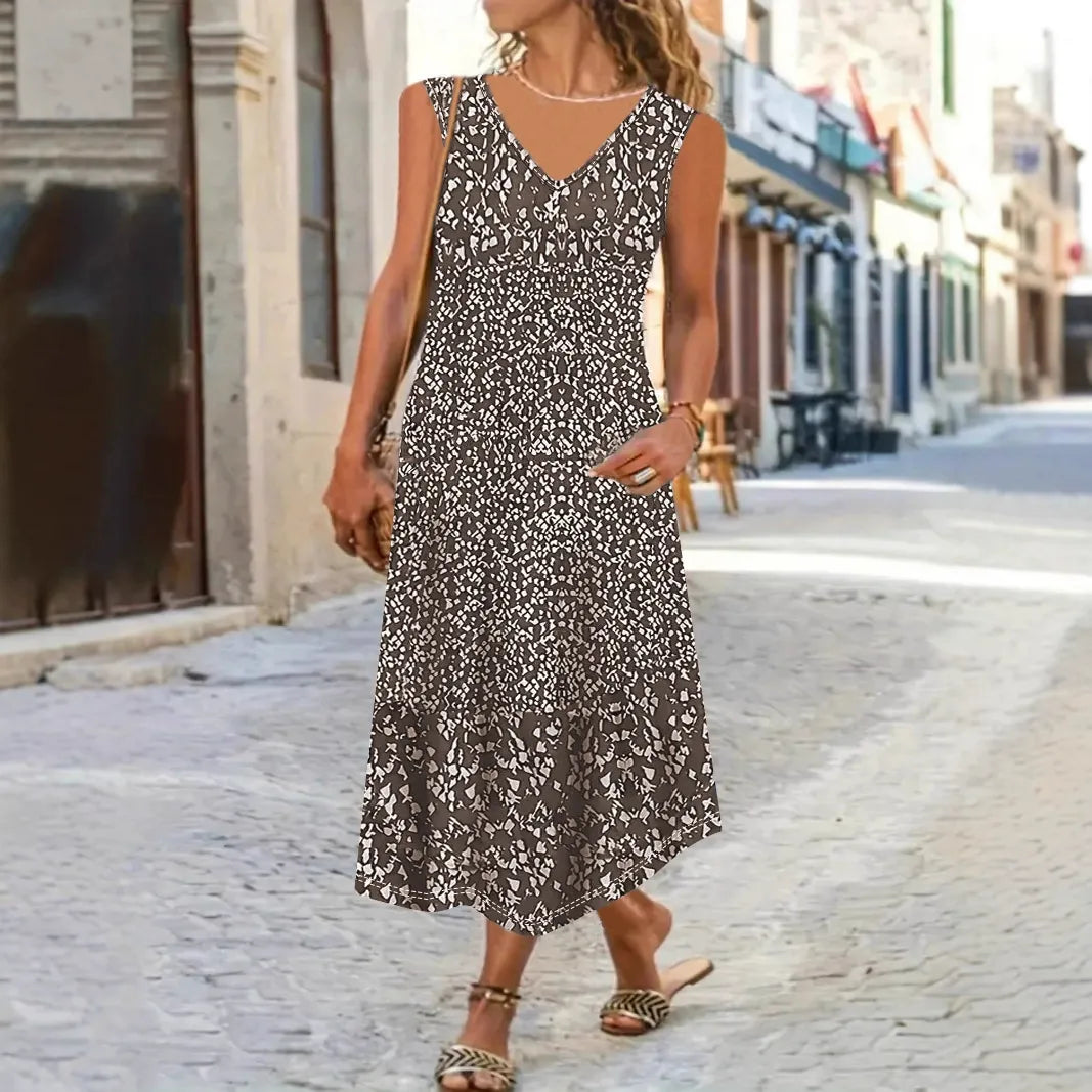 Damen Maxi Sommerkleid Blumenmuster V-Ausschnitt Ärmellos - Norvielle