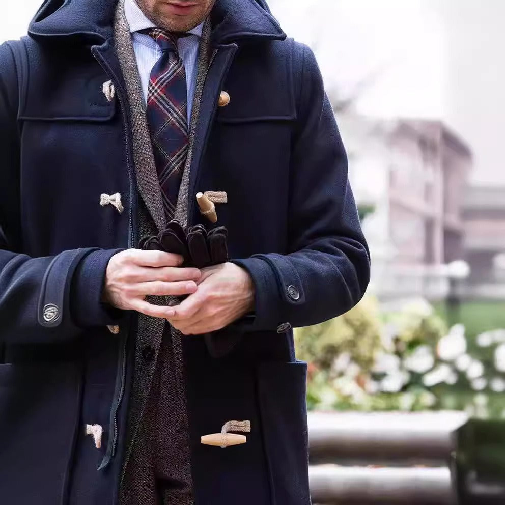 Herren Trenchcoat Halblang Mit Kapuze Knebelverschluss