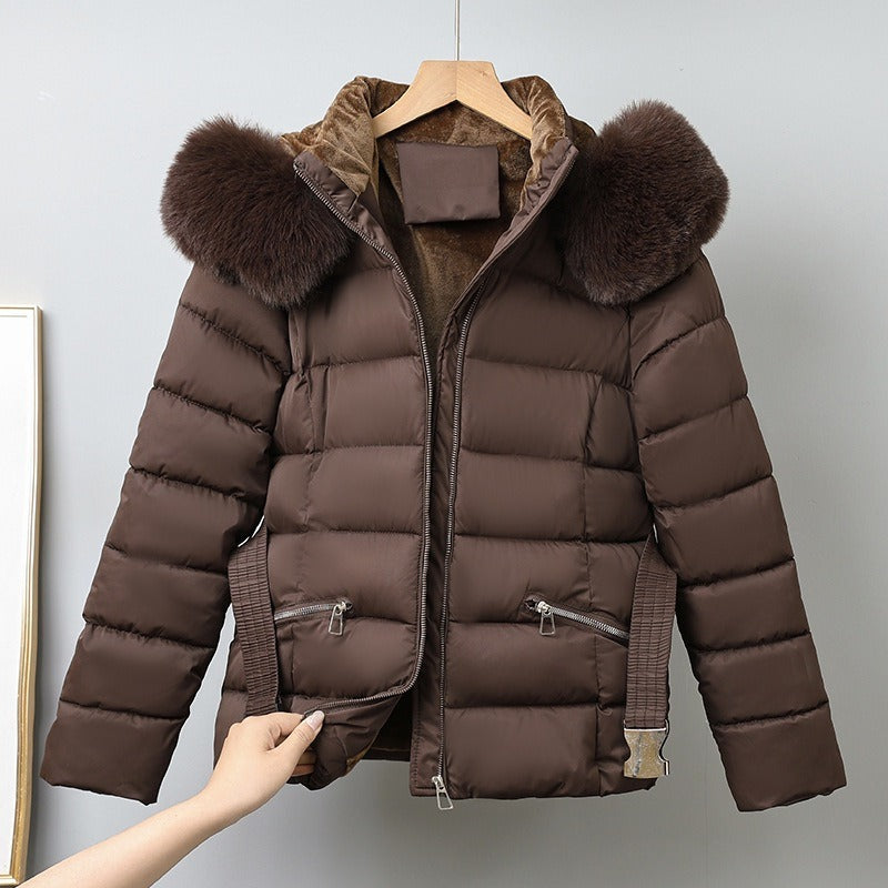 Damen Pufferjacke Gürtel Abnehmbare Fellkapuze Gesteppt
