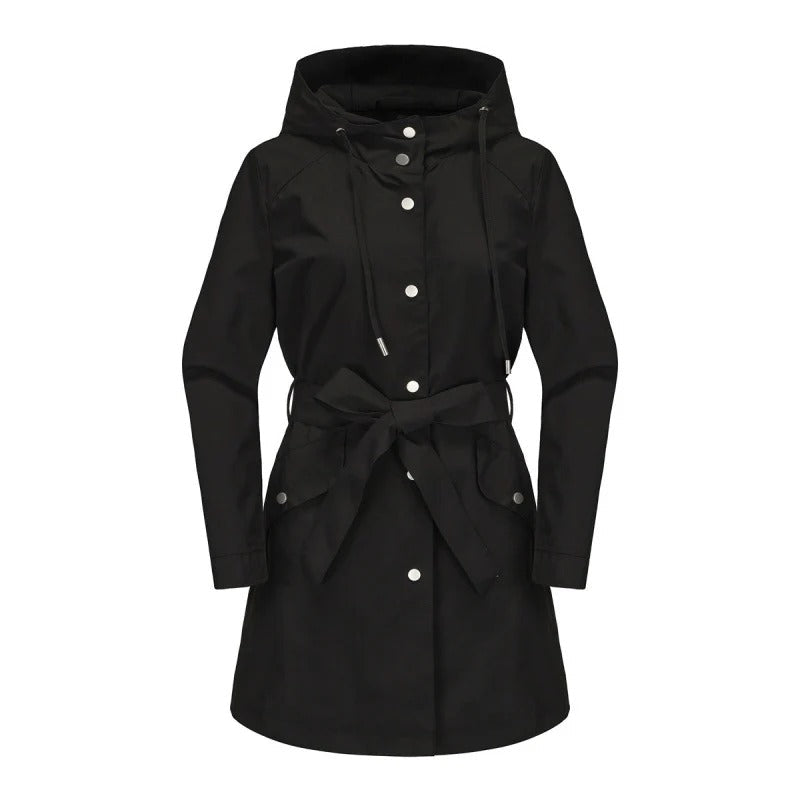 Damen Trenchcoat Locker Wasserabweisend Mit Kapuze Midi Länge