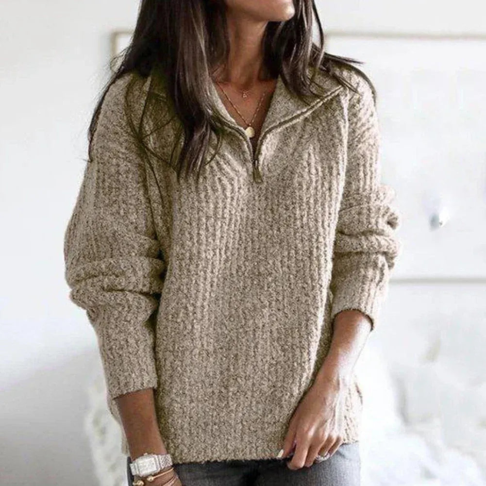 Norvielle Damen Halb-Zip Pullover Grobstrick Weiche Wolle Beige