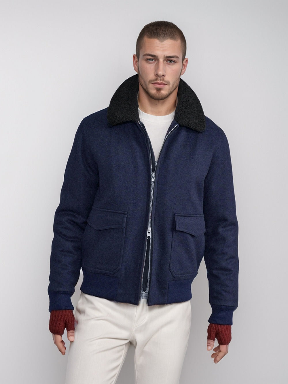 Herren Bomberjacke Shearling-Kragen Zwei-Wege-Reißverschluss - Norvielle