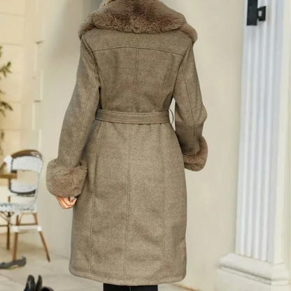 Damen Trenchcoat Wollmix Relaxed Fit Kunstfell