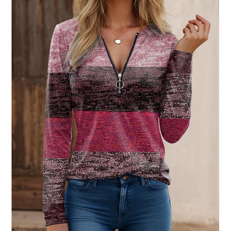 Herren Langarmshirt Strickstoff Reißverschlusskragen Streifenprint