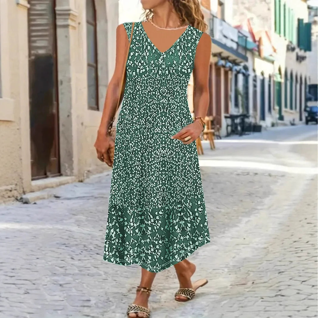 Damen Maxi Sommerkleid Blumenmuster V-Ausschnitt Ärmellos