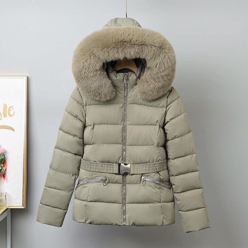 Damen Pufferjacke Gürtel Abnehmbare Fellkapuze Gesteppt