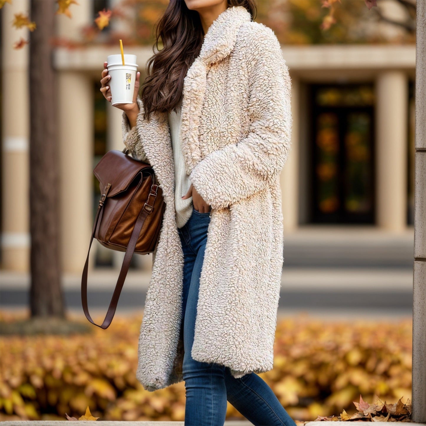 Damen Trenchcoat Relaxed Fit Teddy-Textur Beige